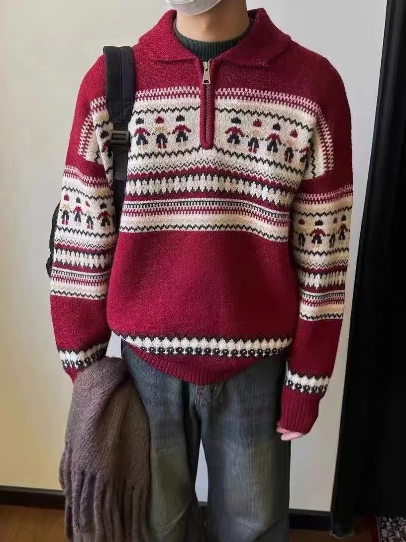 

Loose Fit Ne Knitwear Red Luy Year Men's f Zip Sweater Autumn Winter Casual Outerwear Youth Faion Sle Long Sl...