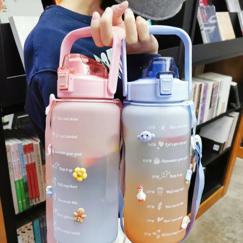 

2L Large Capacity Water Bottle With Bounce Cover Time Scale Reminder Frosted Cup With Cute Stickers For Outdoor Sports Fitness