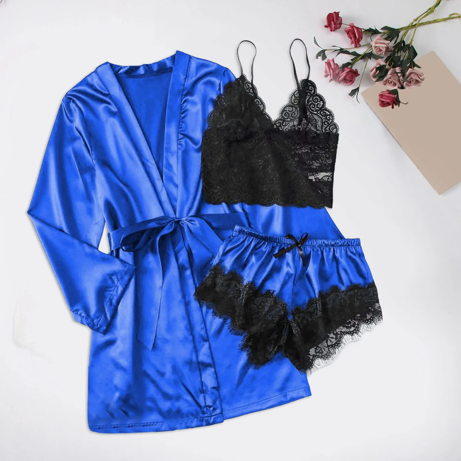 2024 Sexy Women\'s Pajamas Satin 3-piece Lace Silk Suspender Tops Shorts Robe Pajamas Set Nightgown Underwear Nightdress Suit