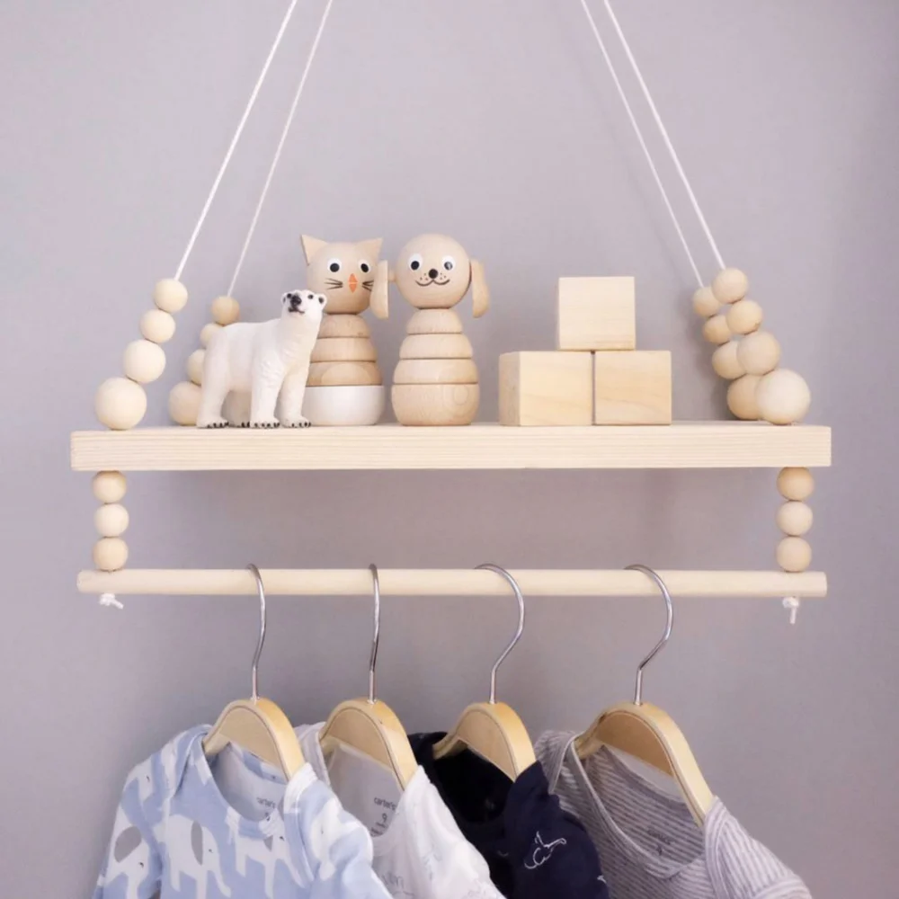 Wooden Wall Shelf With Clothes Rack Children Room Craft Storage Rack Rope Wall Hanging Kid Bedroom Living Room Home Decorations