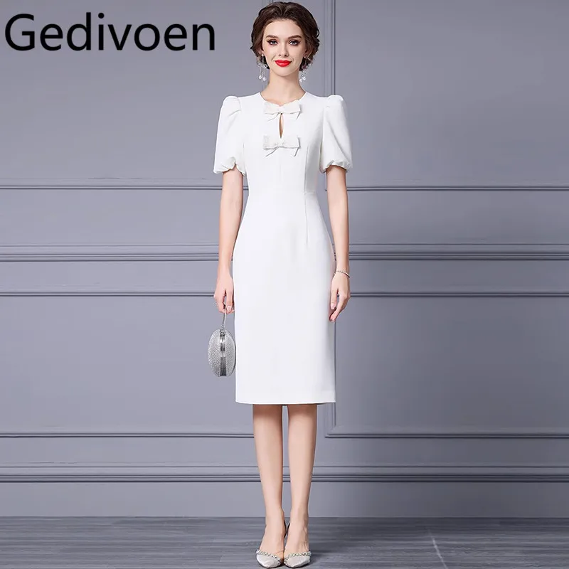 Gedivoen Summer Fashion Runway Designer Dress Women's Temperamen Vintage Solid Color Bow Beading Buttock Covering Split Dresses