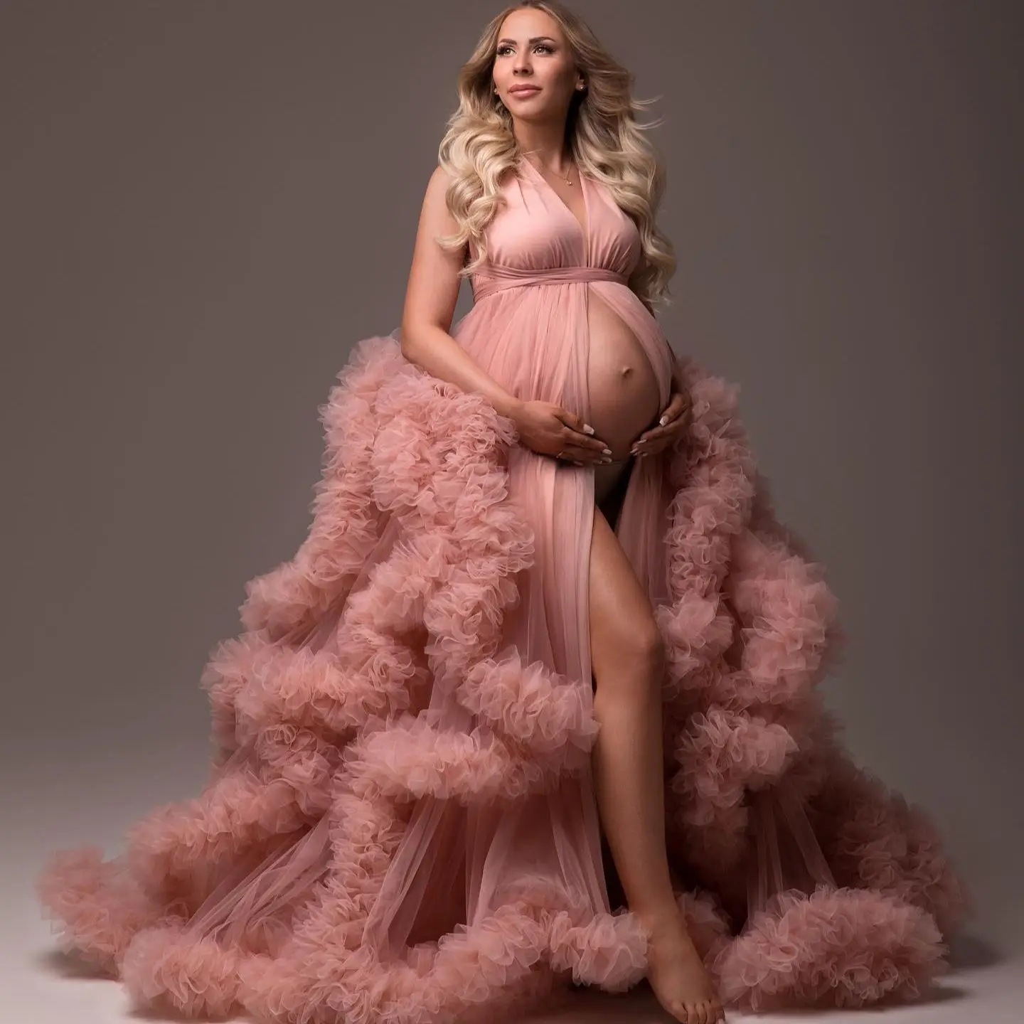 

Blush Pink Ruffles Maternity Photoshoot Dress Front Slit Tulle Prom Dresses Halter Neckine Flowy Baby Shower Gown