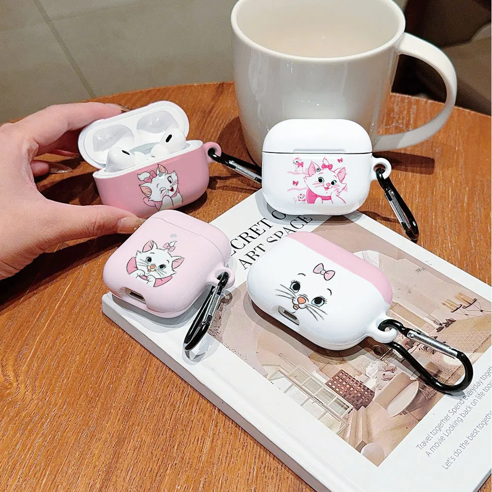 Disneys Cute M-Maries Cat Shockproof Protective Glossy Hard PC Earphone Cover Case For AirPods 1 2 3 4 Pro Pro2 with Metal Hook