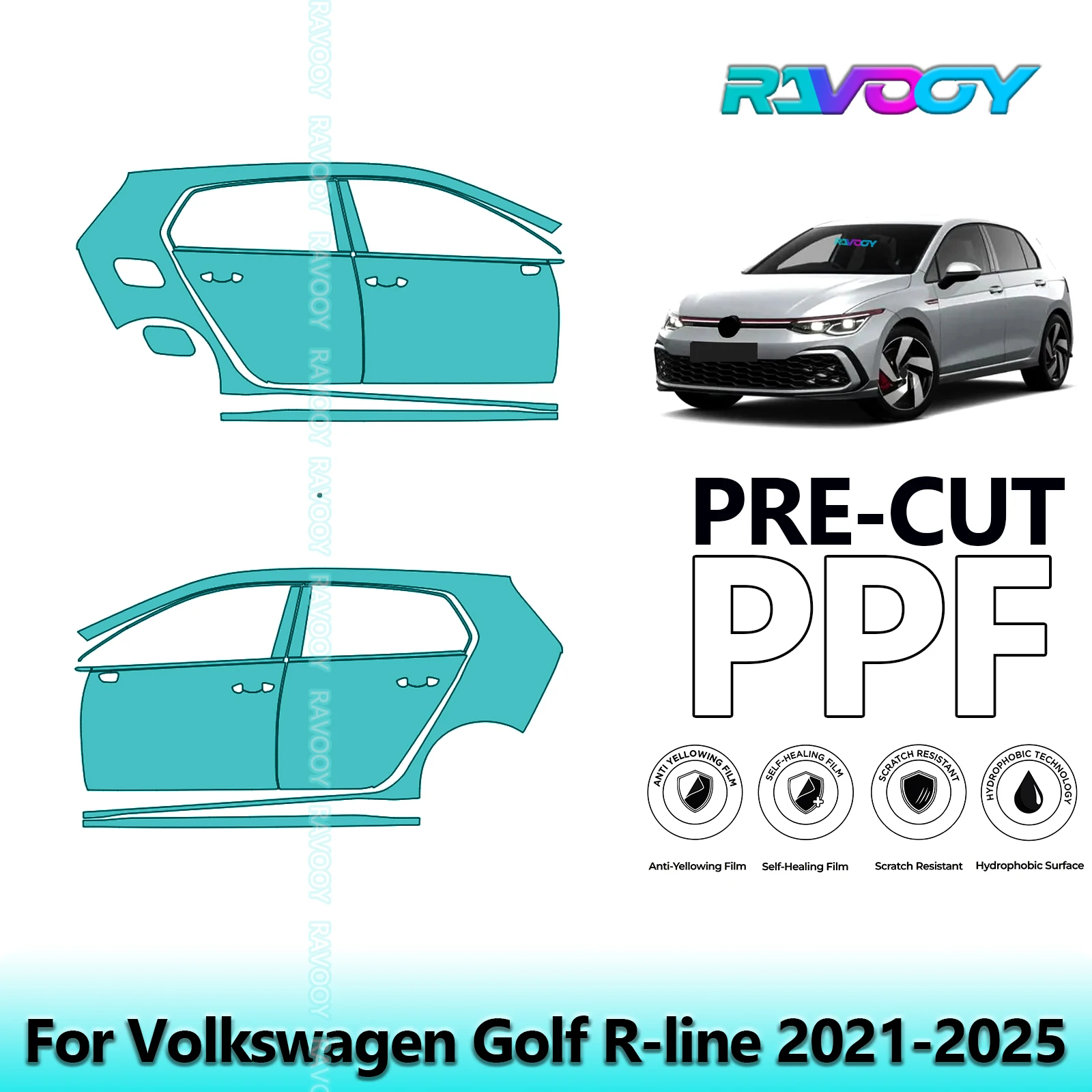 

For Volkswagen Golf R-line 2021-2025 8.5mil Clear Matte Pre-Cut PPF Door & A/B Pillar Kit TPU Paint Protection Film Set