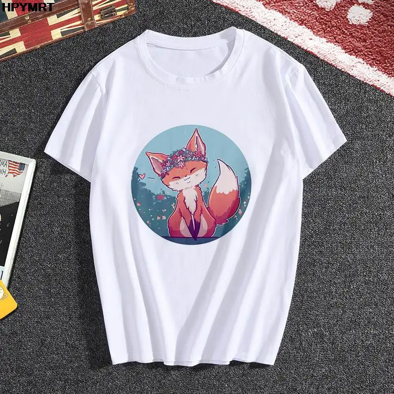 Kawaii Fox print ladies T-shirt ladies casual basis O-collar white T shirt short sleeve ladies Tshirt Cute Animal graphics Tops