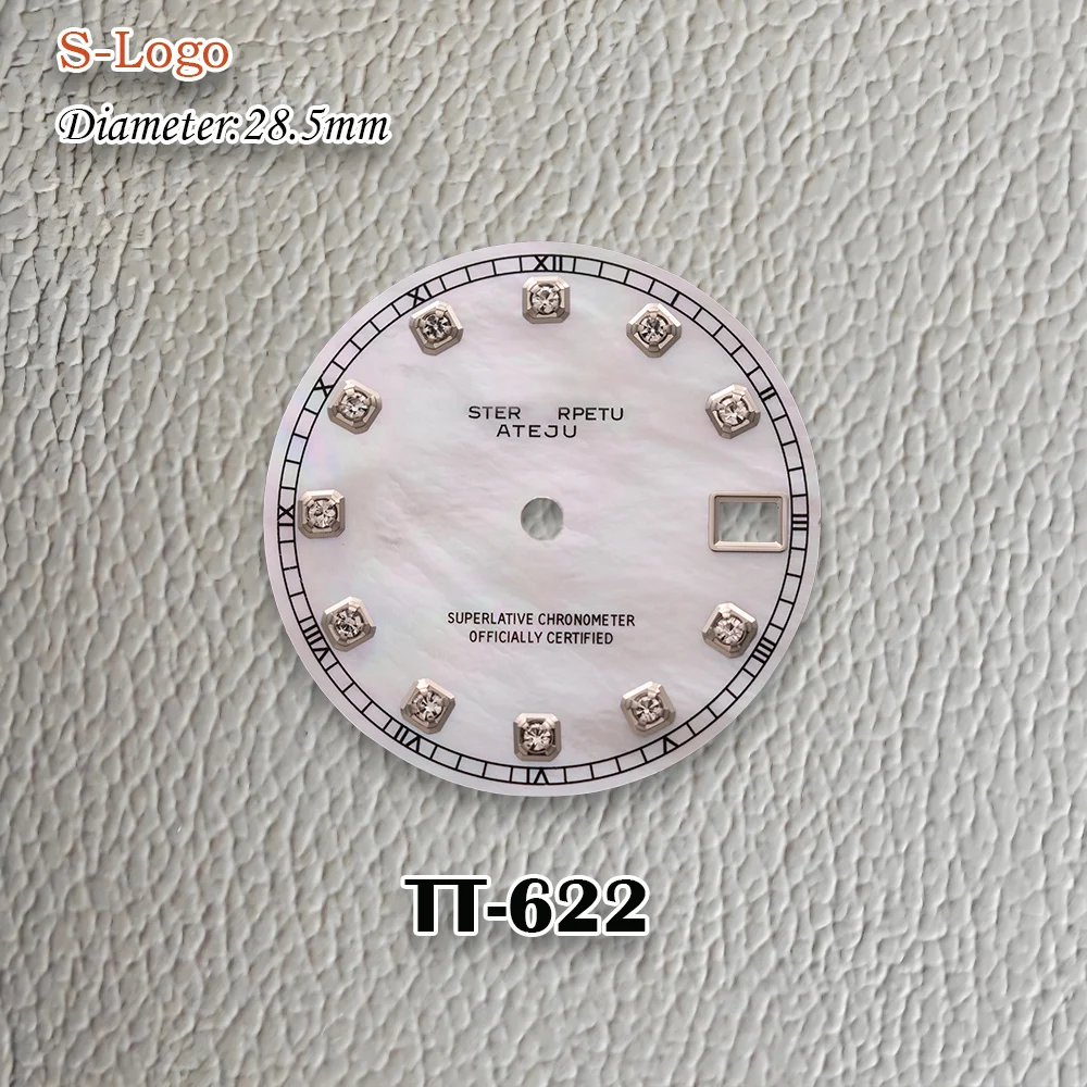 New 28.5mm S Logo Diamond pearl shell NH35 Dial Golden Index Dial Fit NH36 Movement No Luminous Watch Modification Accessories