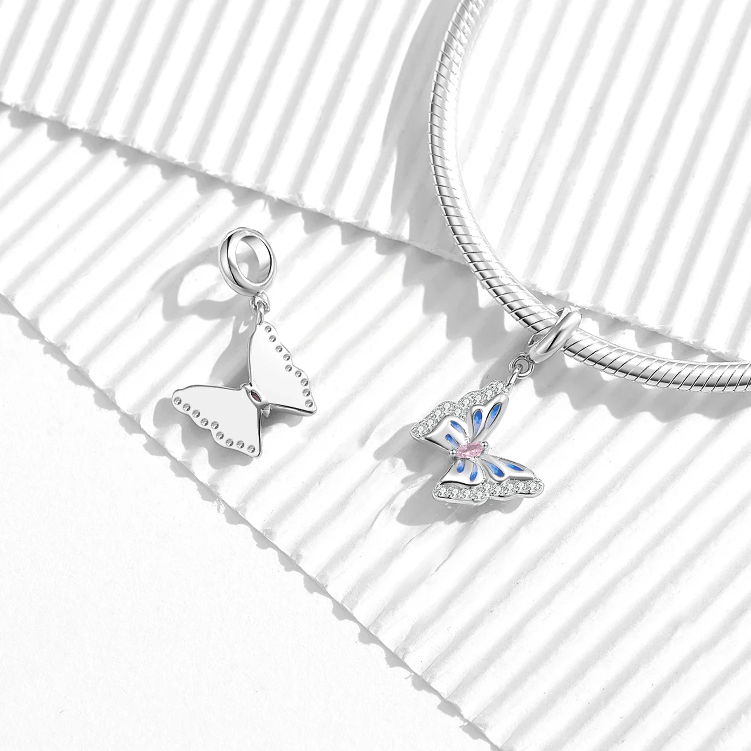 

KATAOKA 925 Sterling Silver Flying Spring Blue Splendor Butterflies Insects Zircon Charm Fit Original Bracelet Diy Accessories