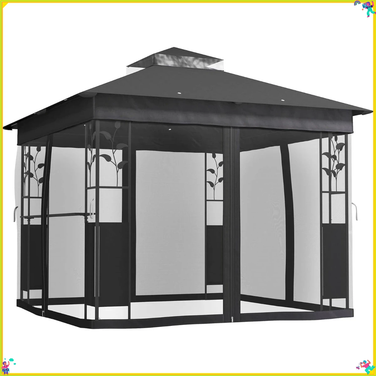 Double Roof Gazebo with Shelves & Netting, UV30+ Canopy for Shade & Bug-Free Outdoor Living in Backyard