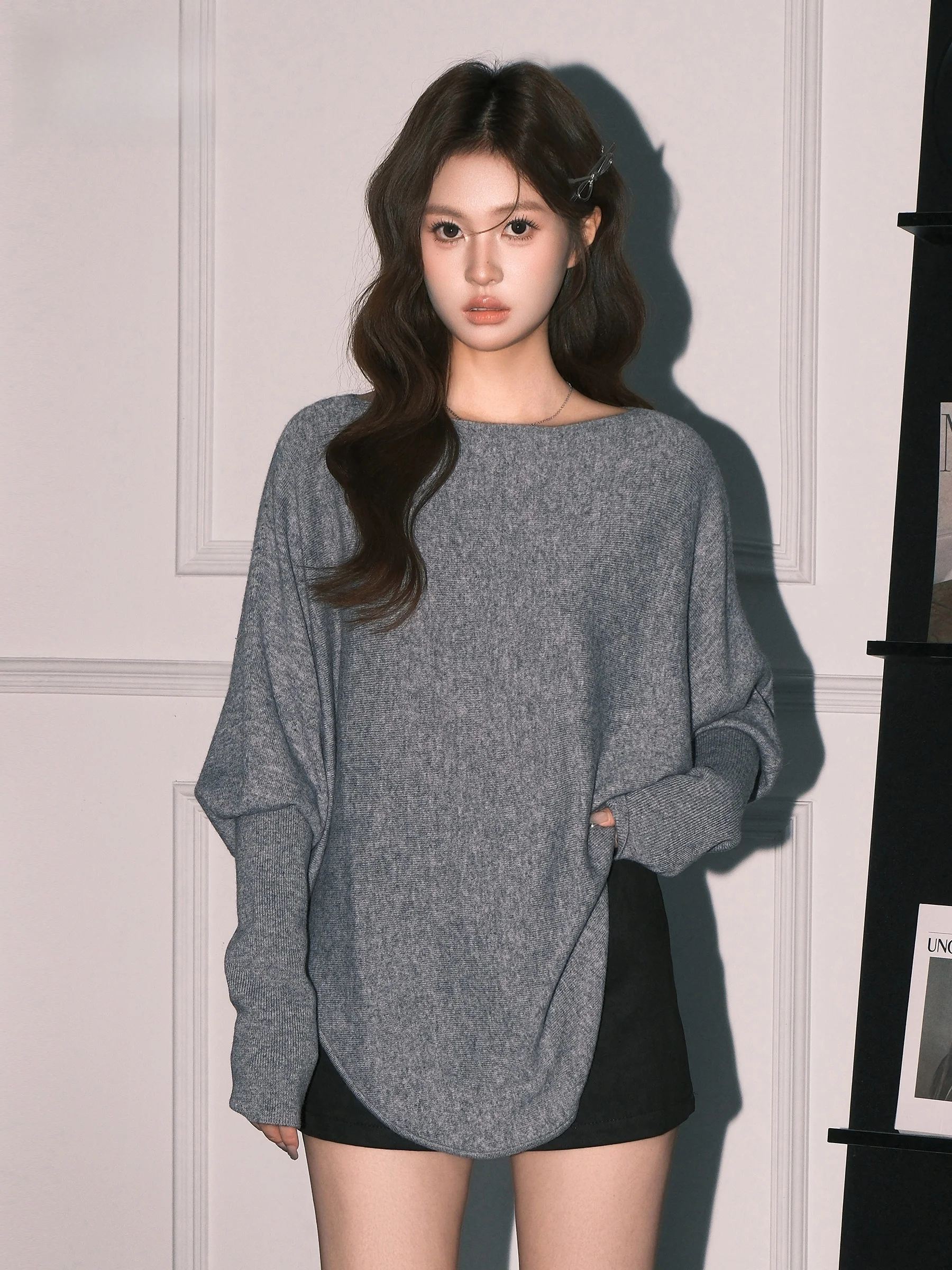 

Slimming Oversized Shoulder Bared Long Sleeve Cashmere Sweater for Women Fall Winter New Style Diagonal Collar Commute Style