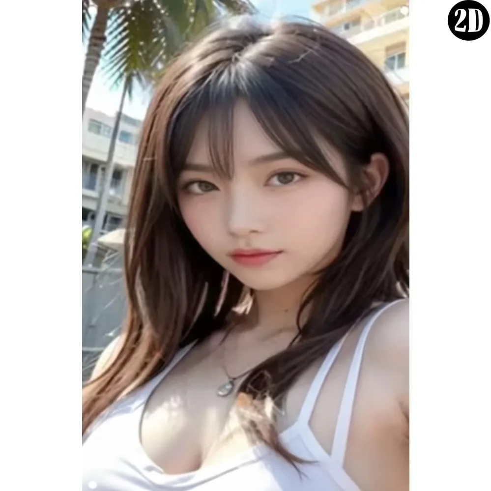 2D Flat Rectangular Metal Tin Sign Asian Girl White Tank Top Palm Tree Outdoor Scenery Wall Decor Plaque