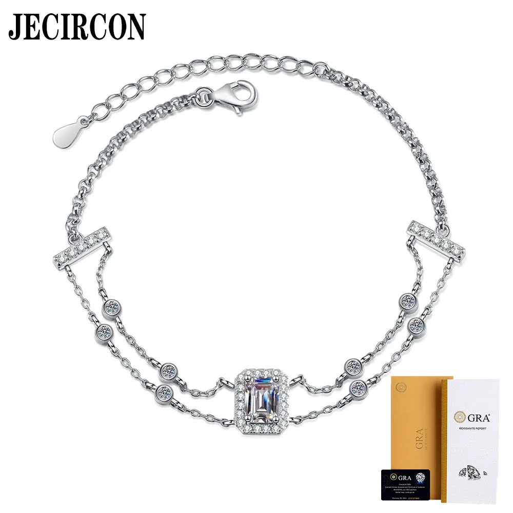 

JECIRCON 925 Sterling Silver 1ct Moissanite Bracelet for Women Geometric Rectangular Chamfered Sapphire Color Stone Double Chain