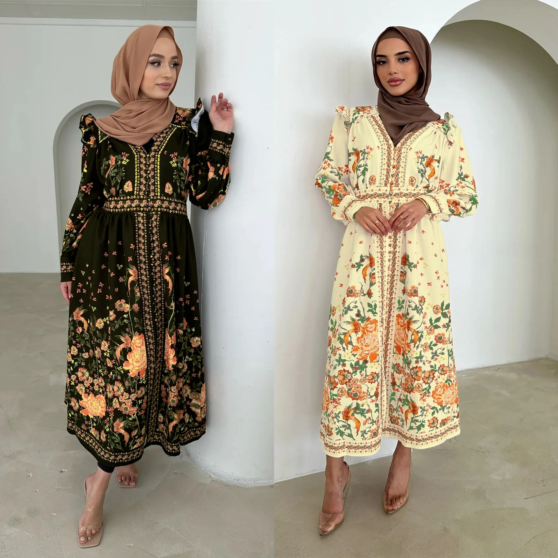 

Muslim Abaya for Women Dubai Turkey Islam Clothes Casual Middle Eastern Simple Print Fashion Long Robe Women V-neck Muslim Dress