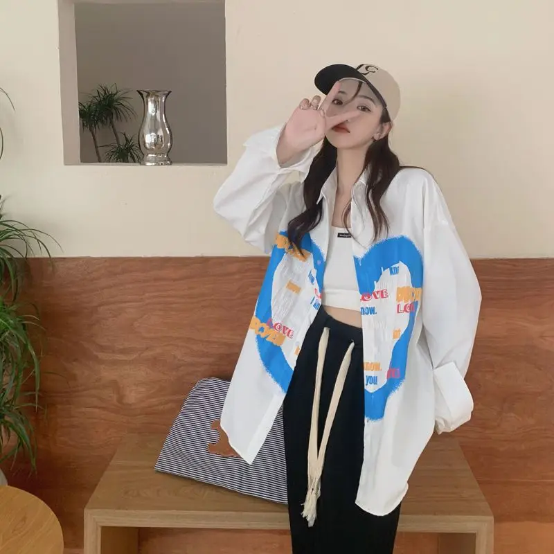 

Love Heart Print Loose Fit Long Sleeve Women's Shirt Thin Style Autumn Outerwear Casual Fashion Korean Version Button up