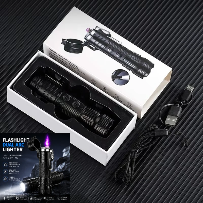 Outdoor Waterproof Flashlight Double Arc Lighter Strong Light Lighting Windproof Double Arc Cigarette Lighter Travel Tools