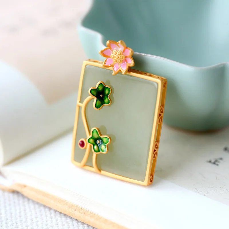 Enamel Lotus Flower Style Pendant New in Natural Hotan Jade Green Necklace Classical Clavicle Chain Banquet Jewelry for Women