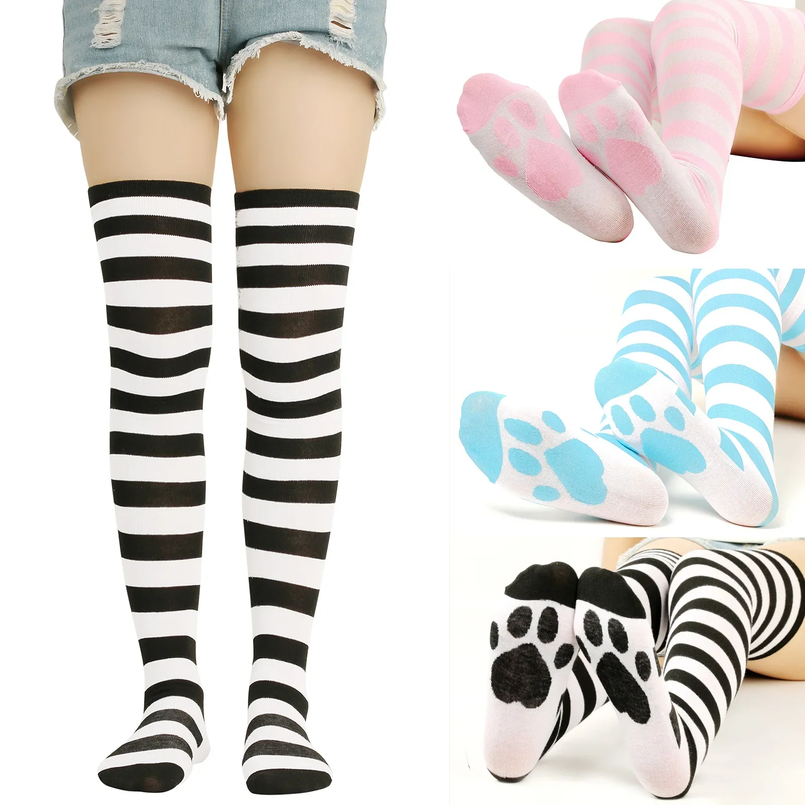 

Womens Striped Thigh High Stockings Cat Paw Ladies Girls Black White pink Long Over Above Knee Socks Cosplay Lolita Harajuku Y2k