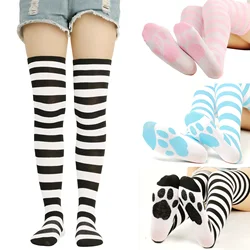 Medias altas hasta el muslo a rayas para mujer, por encima de la rodilla con calcetines largos Pata de Gato, negro, blanco y rosa, Cosplay, Lolita, Harajuku, Y2k