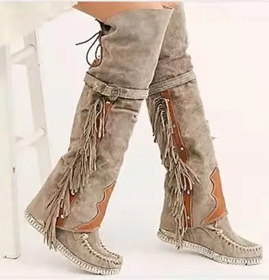 Women Boots Fashion Bohemia Knee-length Ethnic Personality High Boot Tassels Faux Suede Boots Girl Flat Bottom Long Botas Mujer