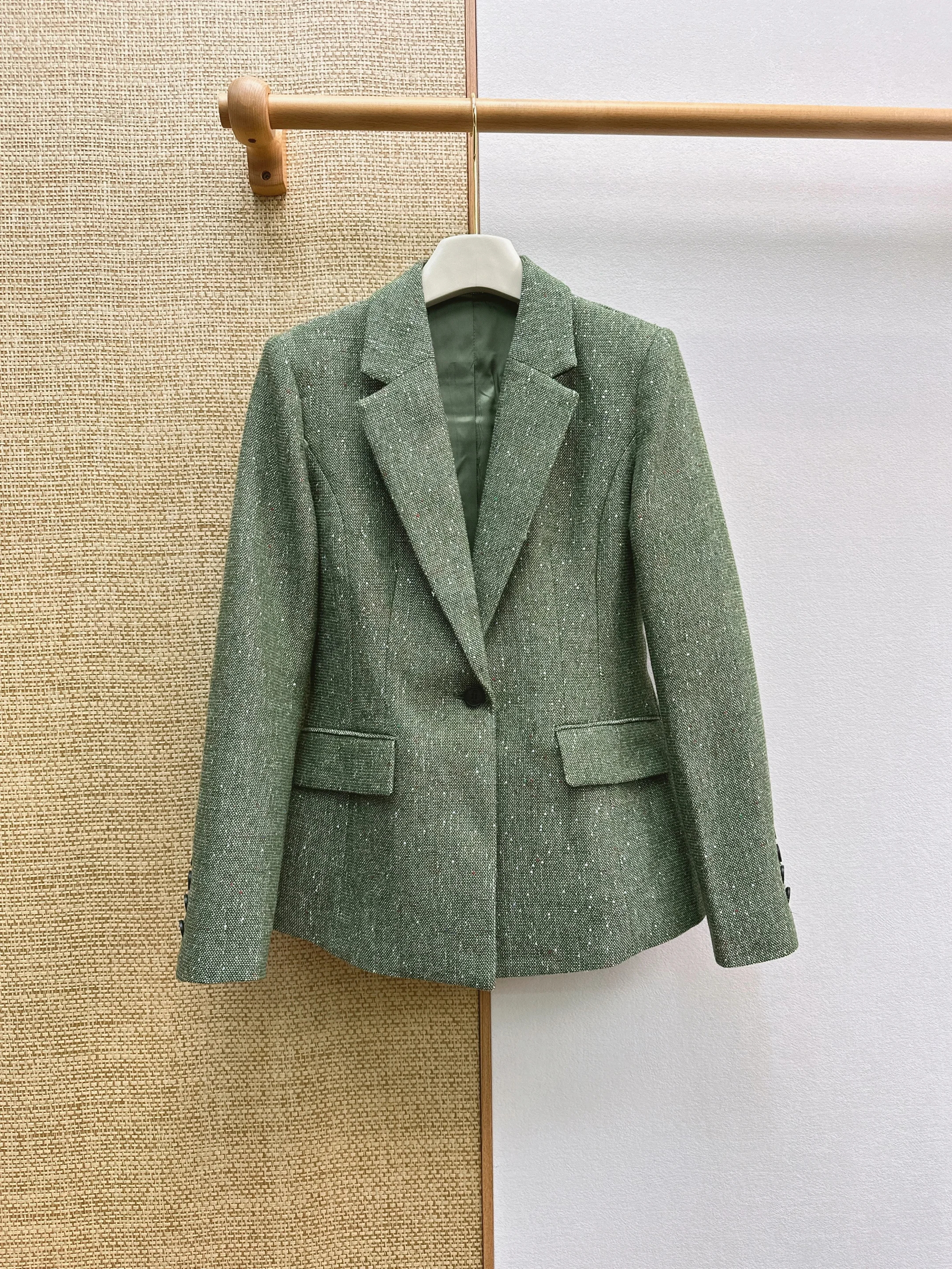 New Autumn Premium Sparkly Green Tweed Blazer, Silk Wool Blend Lapel Suit Jacket