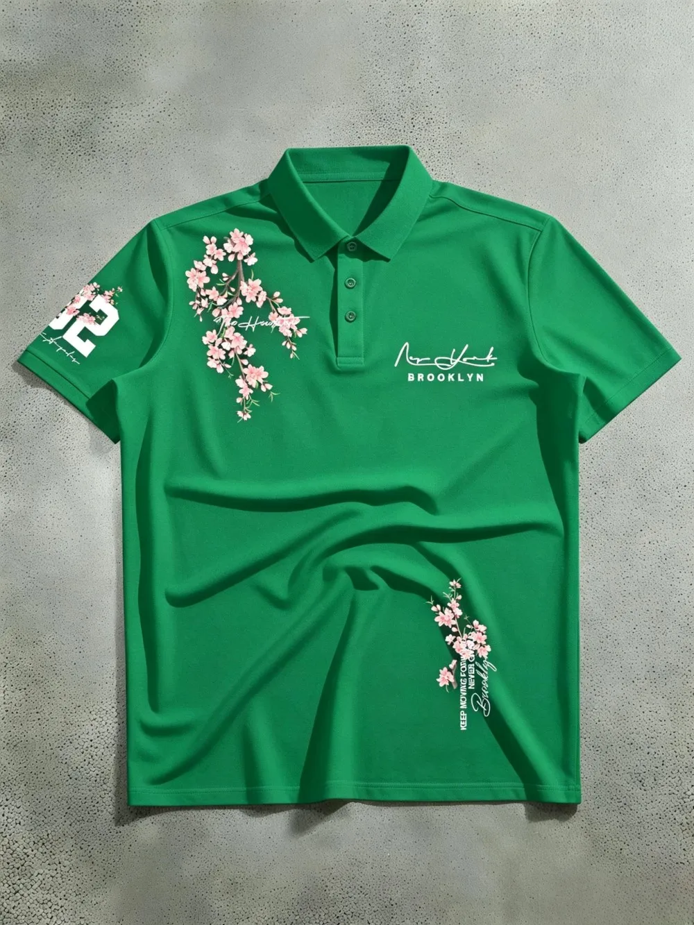 Amerikanisches Herren-Sommer-Polo-T-Shirt mit Kirschblüten- und Brooklyn-Buchstaben-Print, weich, atmungsaktiv, kurzärmelig, für Outdoor und Freizeit – Detail 11