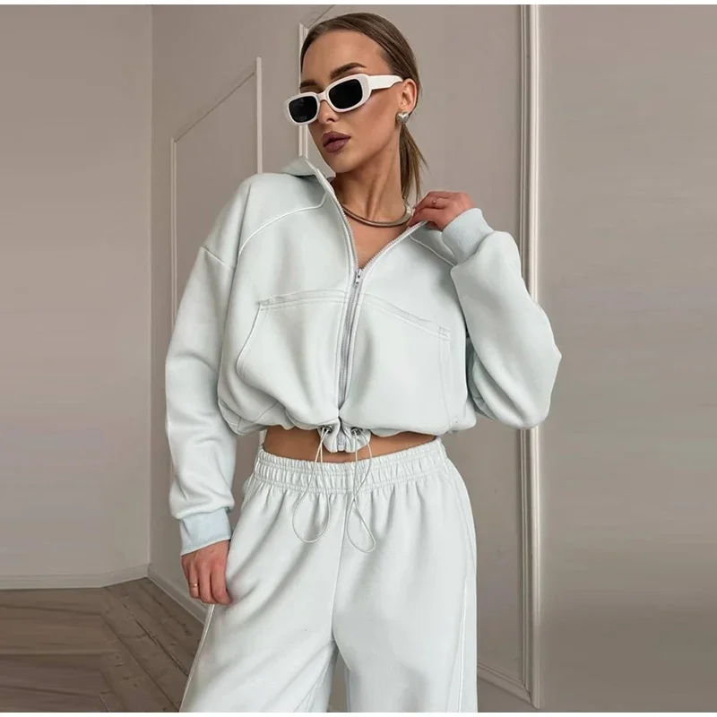 Damen-Hosen 2-teiliges Set: Kapuzenjacke mit langen Ärmeln und Reißverschluss, elastische Taille, weit geschnittene Hose, schicke Damen-Sportbekleidung, neues Herbst-Outfit. – Detail 19