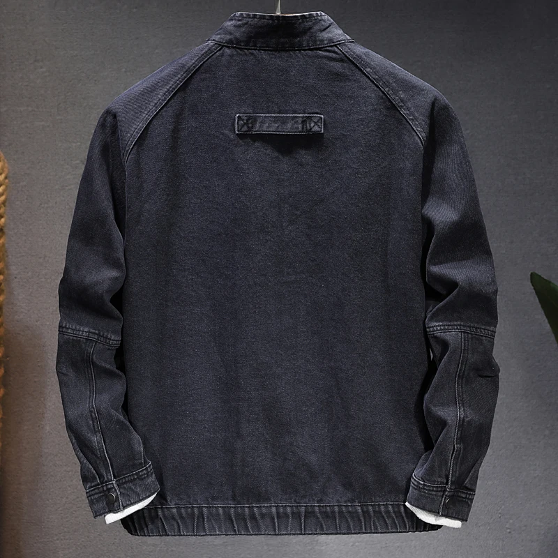 سترة رجالية بياقة واقفة وسحاب من قماش الدنيم موديلات جديدة للخريف والشتاء سترة فضفاضة غير رسمية للدراجات النارية من قماش الدنيم للرجال #4