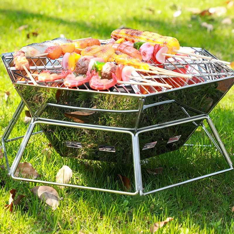 Outdoor Folding Stainless Steel Grill Barbecue Rack Detachable Charcoal Stove BBQ Grill Lightweight Brazier Foldable Hibachi