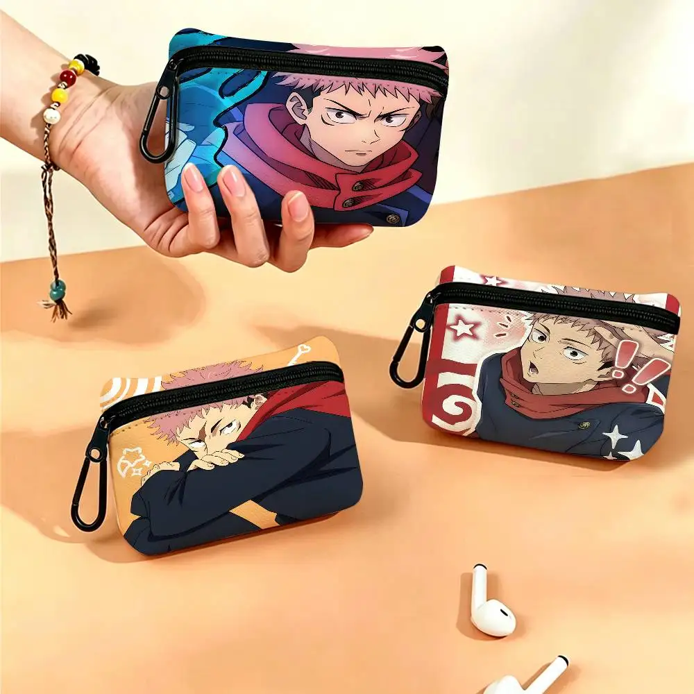 Anime Character Yuji Itadori Portable Oxford Fabric Mini Wallet Carabiner Design Small Coin Bag For Cards Keys Earphones