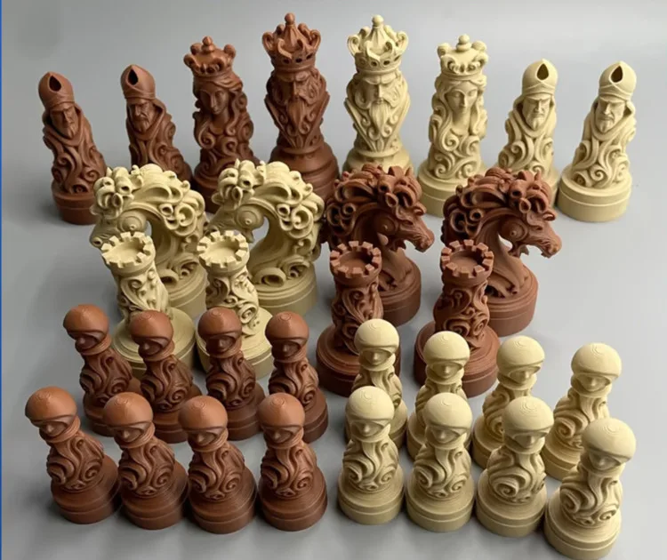 3D Printed Chess Pieces Set, Baroque Skull Crown International Chessmen, Board Game Figures Brown Ivory, Home Office Table Decor