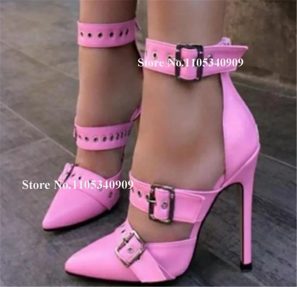 

Bondarenko Metal Buckles Straps Stiletto Heel Pumps Pointed Toe Pink Blue Green Matte Leather Thin Heel Party Dance Shoes