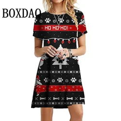New Year 2024 Winter Christmas Deer Snowflake Dresses Women Short Sleeve Loose X-Mas Tree Fashion Sweet O-Neck Party Mini Dress
