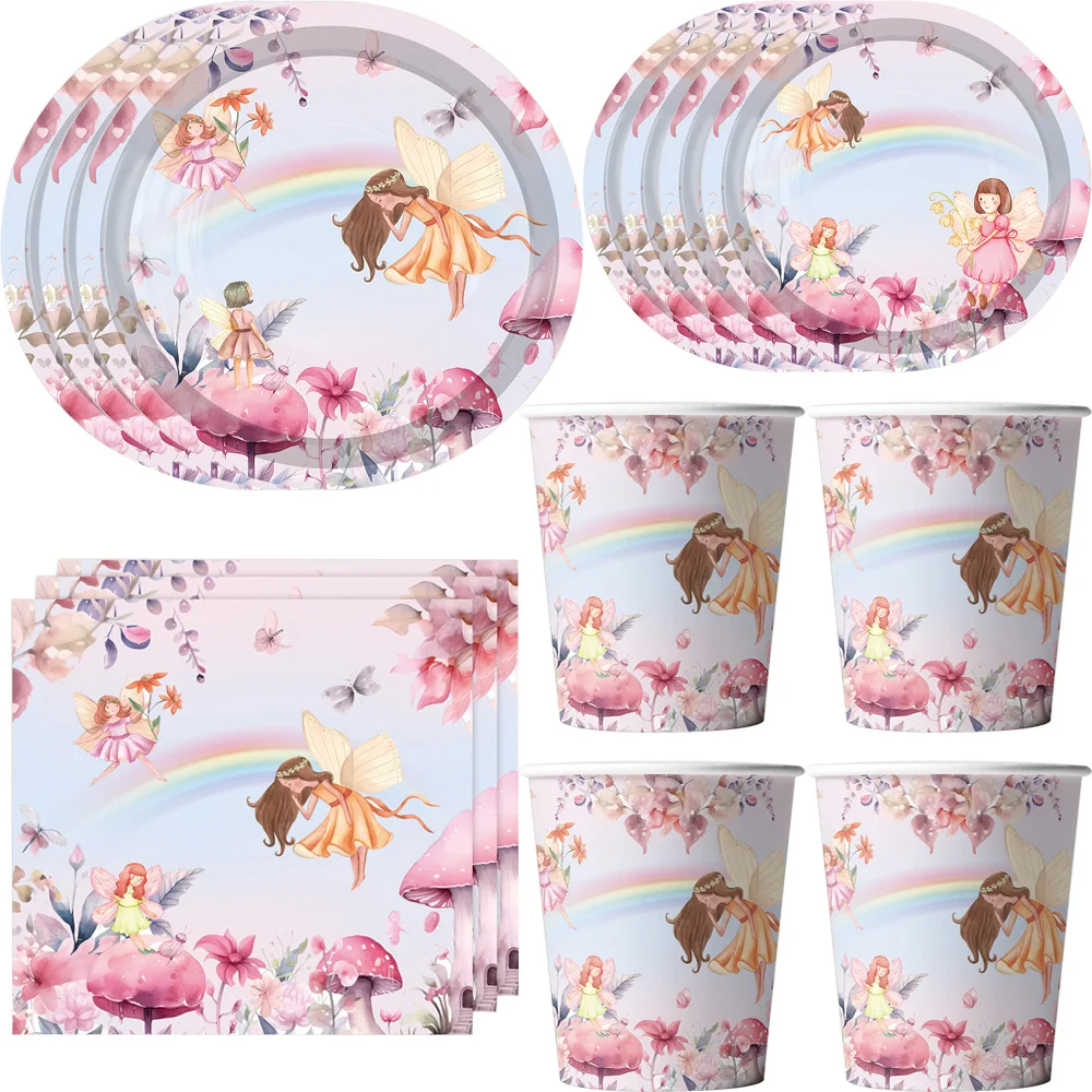 

Cartoon Flower Fairy Party Supplies Elf Princess Birthday Decoration Paper Plate Paper Cup Tablecloth party Supplies Set