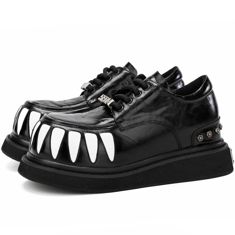 Horse Leather Thick Soled Derby Shoes Men's Rivet Decorative Trendy Board Shoes European/American Casual Height Increasing Shoes