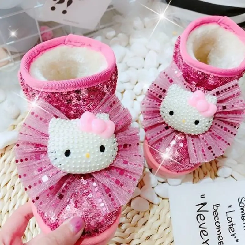 Cartoon Hello Kittys Girls Snowboots Sequin Kawaii Sanrios Autumn Winter Children's Velvet Cotton Shoes Outdoor Warmth Snowshoe