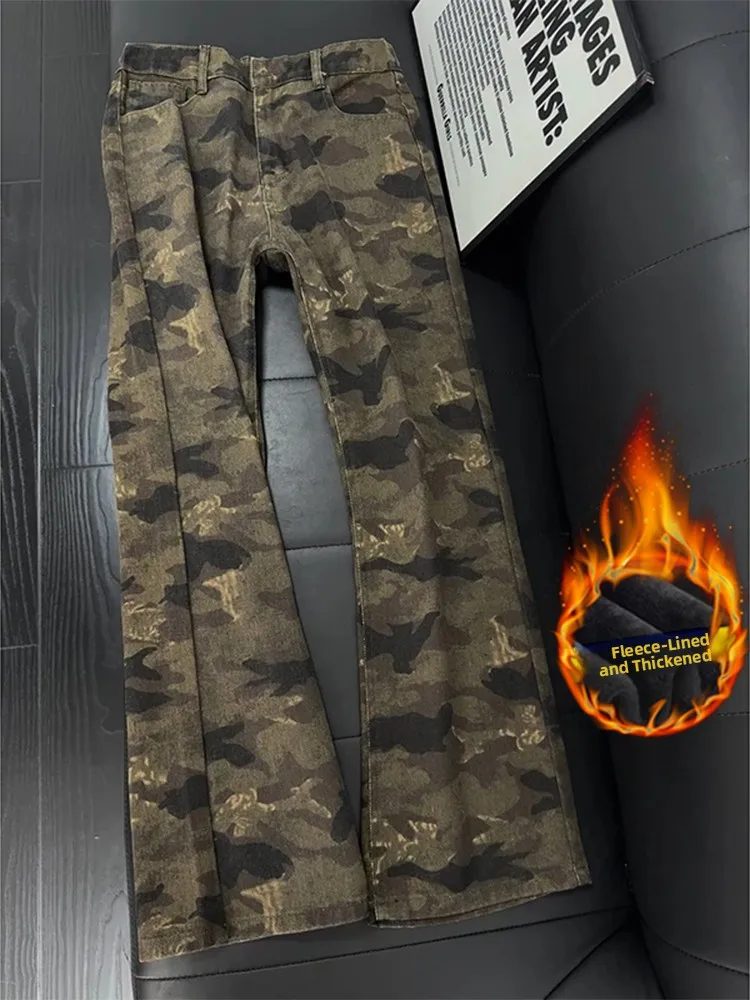 

Камуфляжные джинсы-колокольчики Cleanfit, мужские прямые брюки на подкладке для похудения, американские зимние теплые винтажные джинсы