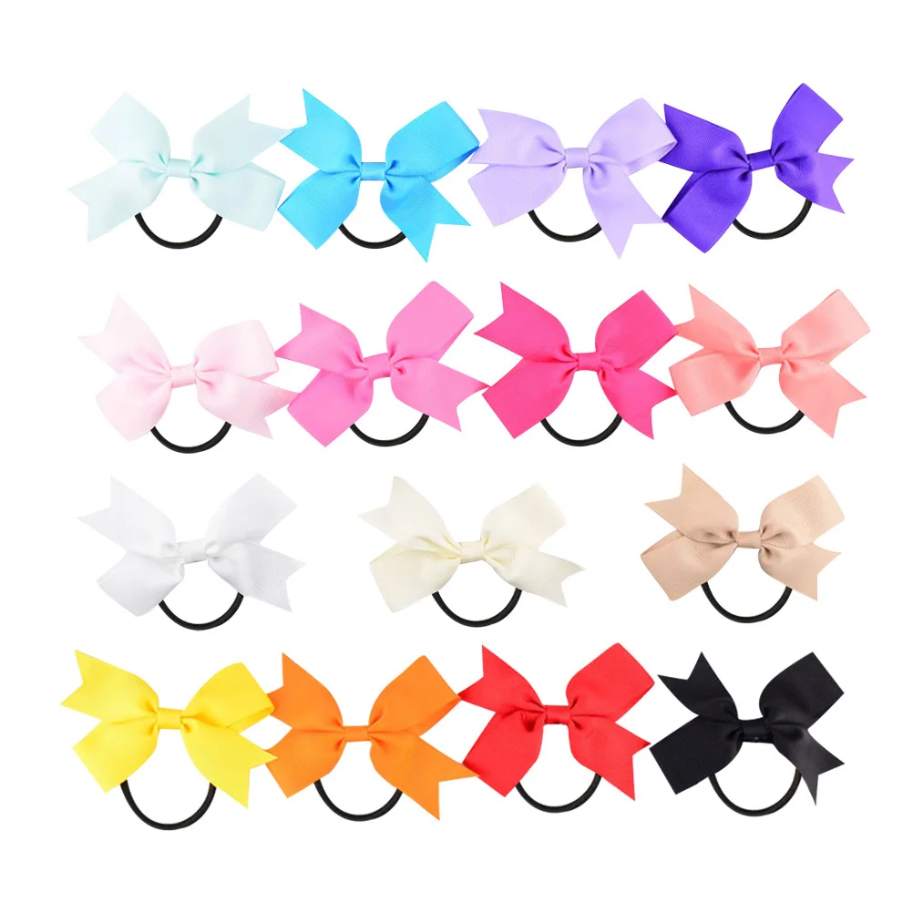 16Pcs Colorful Bowknot Hair Bands Grosgrain Ribbon Solid Colors Elastic Ponytail Holders for Girls Kids School Daily Party Wear