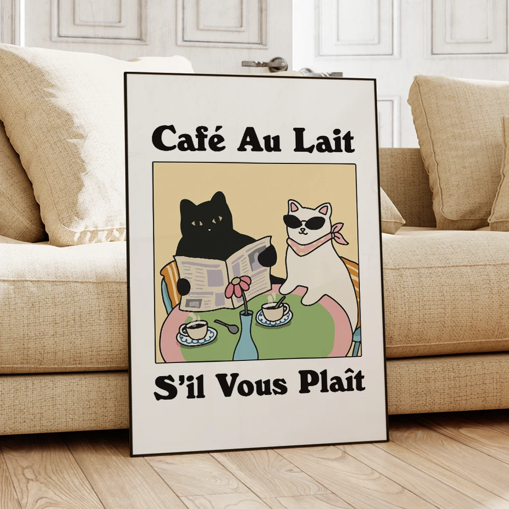 Retro Drink French Cafe Au lait Cat Bistro Coffee Wall Art Prints Canvas Painting Poster Pictures For Kitchen Room Home Decor