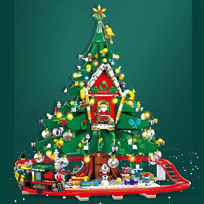 2025Large Christmas Tree House Building Blocks Street View Model Bricks,With LED Lights Train Assembly Building Blocks Toy Gifts