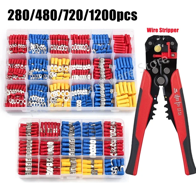 280/1200x Electric Lug Connector Wire Crimp Terminal Insulated Spade Connector Butt Ring Fork Set Ring Terminal or Wire Stripper