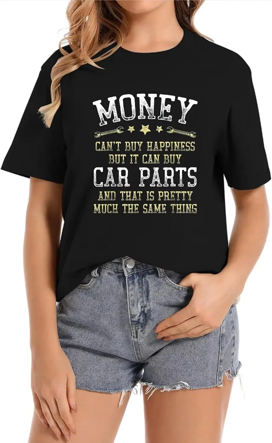 Money Can't Happiness But it Can Buy Car Parts Crew Neck Casual Short Sleeve Vintage Summer Graphic T-Shirt for Women