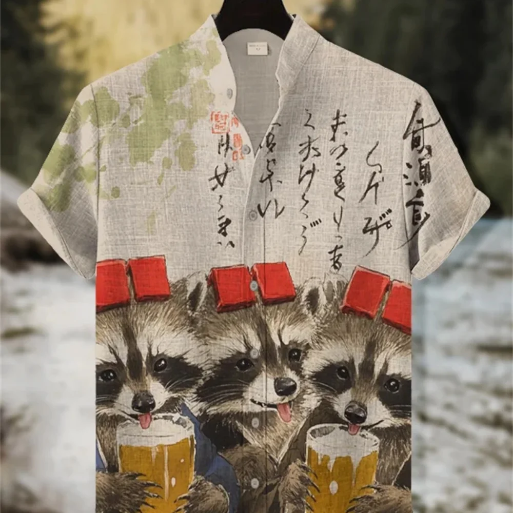 قميص رجالي عصري بياقة واقفة ونمط الحوت وأكمام قصيرة وأزرار قميص عالي الجودة ملابس خروج جديدة 2025