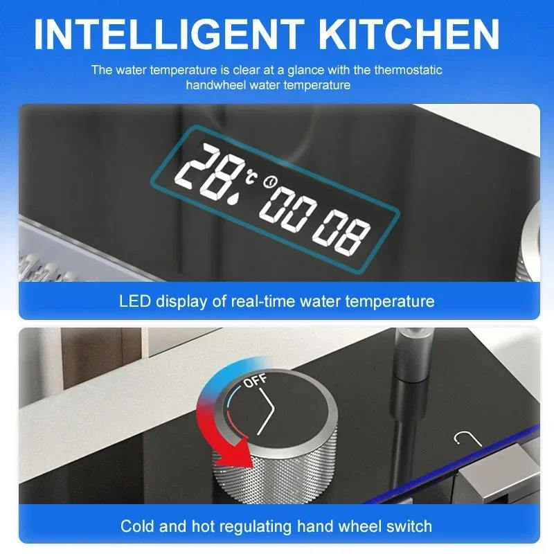 Fregadero de cocina de acero inoxidable 304, pantalla Digital LED antiarañazos, cascada con taza, lavadora y dispensador de jabón, descuento