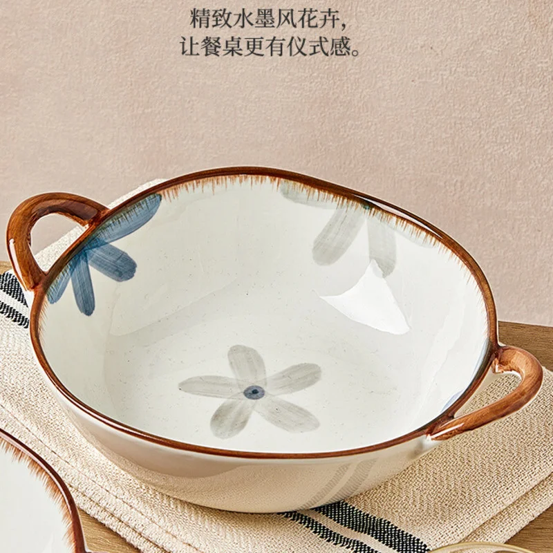 Japanese Ceramic Double Eared Soup Noodle Anti Scalding Bowl Snail Salad Pasta Bowl Tableware