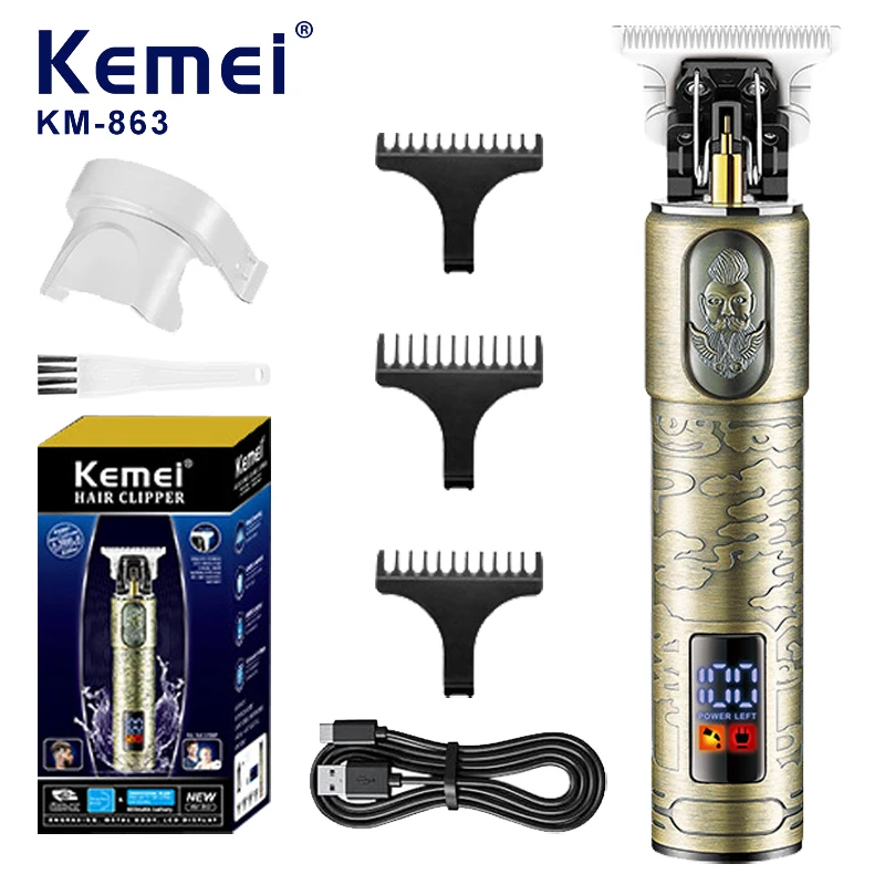 Kemei Professional Blade Electric Clipper with LCD Display Retro Engraving Metal Body Oil Head Carving Hair Trimmer KM-863