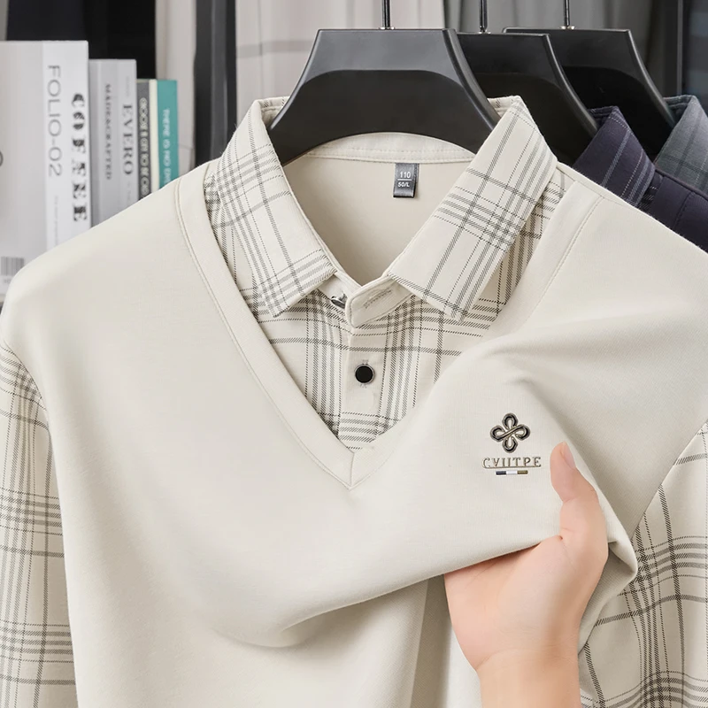 

Luxury Quality Men's Polo Shirt Plaid Lapel Long Sleeve T-Shirt Spring Autumn New Exquisite Print Design Business Menswear Top