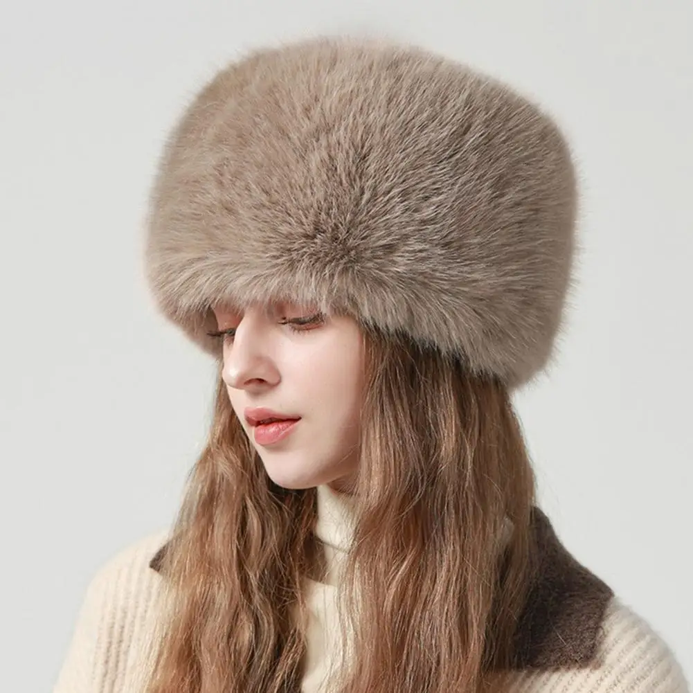 Thick Women Winter Hat Faux Fur Elastic Anti slip Warm Windproof No Brim Ear Basin Hat Hunting Outdoor Cap