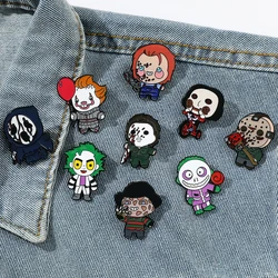 Horror Movie Figure Esmalte Pins para Mulheres e Homens, Emblemas de Metal Halloween, Broche Cartoon, Jóias, Acessórios Festival, Presente Bonito