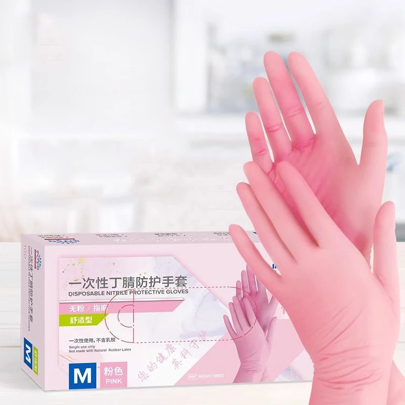 Pink Nitrile Gloves 100 Pcs Elastic Waterproof Durable Powder Free Multifunctional Cleaning Work Home Supplies Beauty Salon