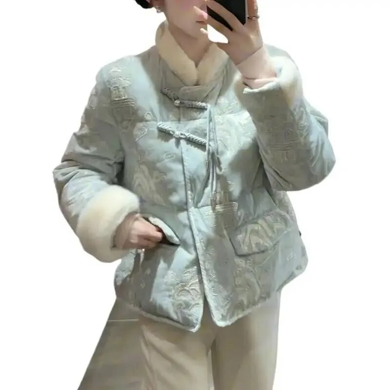 جديد الثقيلة التطريز سترة قطن المرأة الشتاء أزياء ملابس خارجية الوقوف طوق كم طويل فضفاضة تناسب معطف نمط بولو #5