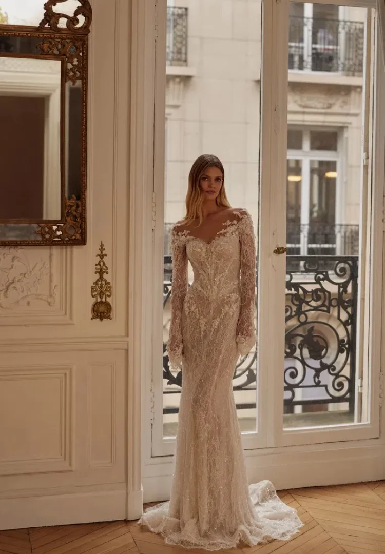 

Lace Wedding Dresses Mermaid Dress Long Sleeve Vestido De Novia Falda Desmontable Civil Sencillo Y Elegante Alta Costura Gowns